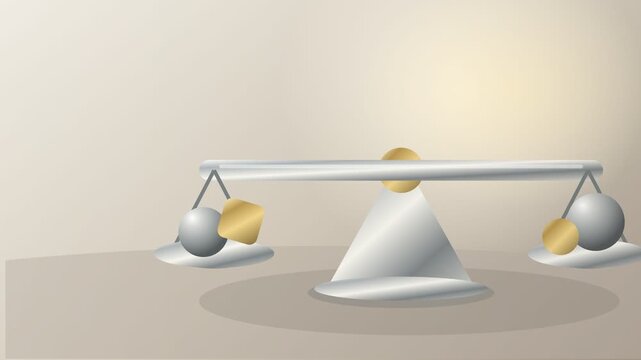 Animated golden scales of justice balancing on a light background. Finance and law concept with metallic equilibrium. Investment risk and stability metaphor. 4K motion graphics.