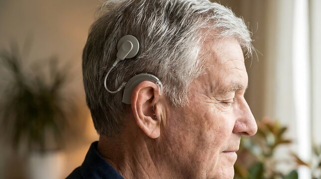 Senior man wearing a cochlear implant device