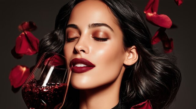  portrait of a beautiful young model with silky midnight-black hair flowing elegantly, luminous porcelain skin, glamorous makeup inspired by premium Bordeaux wine