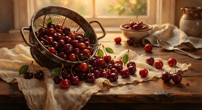 Fresh red cherries spilling from a rustic wire basket on a wooden table