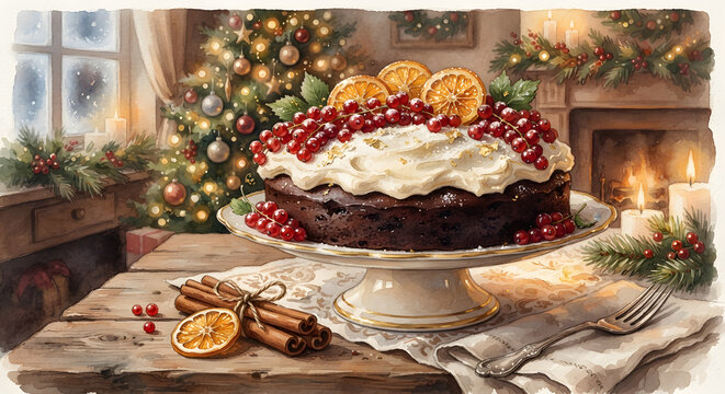 Christmas fruitcake with frosting red currants and oranges on table