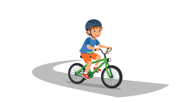 Young boy wearing a helmet rides a green bicycle on a paved path