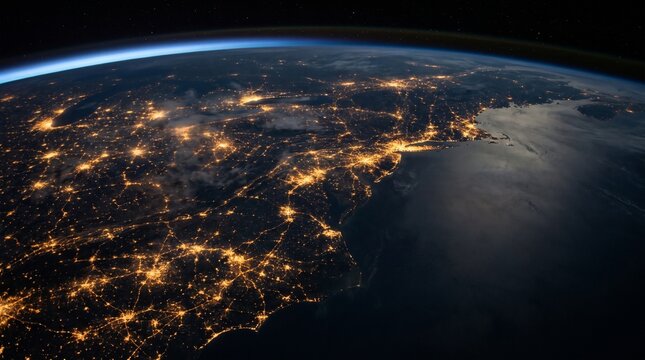 East Coast of North America Night View from Space with Glowing City Lights and Ocean