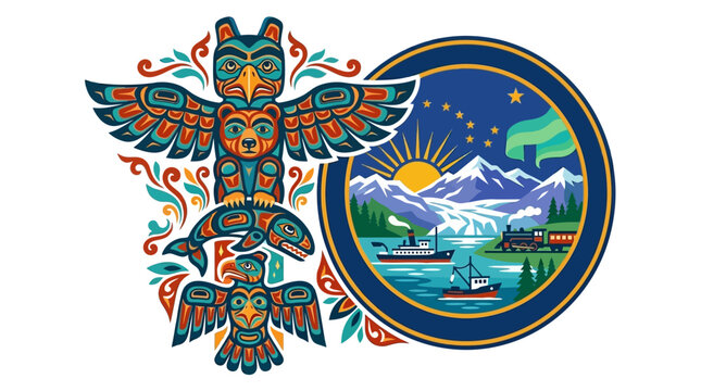 Colorful Totem Pole and Alaska Landscape Circle Illustration.