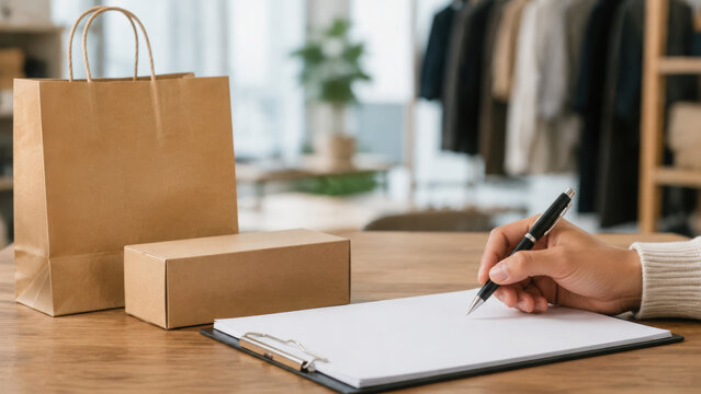 Legal paperwork template beside paper bag, parcel box and pen on retail desk conveys organized business planning