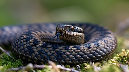 Obraz premium European adder viper snake - vipera berus - coiled on mossy forest ground, flicking its tongue to sense the surroundings while displaying its distinctive scaly pattern and keen eyes
