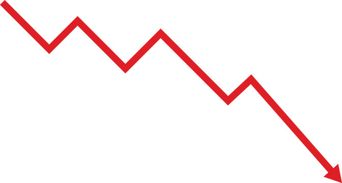 Descending stock market trend chart arrow icon. Financial crisis loss downward economic decline and recession symbol. Red line downward arrow graph