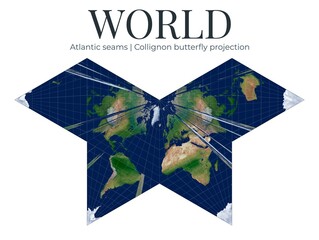 World Map. Collignon butterfly projection. High-detail physical map. Atlantic seams, polyhedral layout, equal-area representation. © Eugene Ga