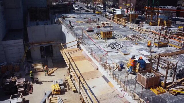 Construction workers inspecting stacked plywood formwork panels on elevated concrete slab during daytime at urban worksite with visible rebar and scaffolding nearby