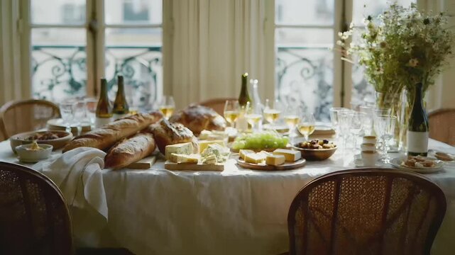 Paris, France, Europe. A detailed, welllit photograph of a dining table set for a meal. The table is covered with a white tablecloth and features a variety of food items bread, cheese, grapes.