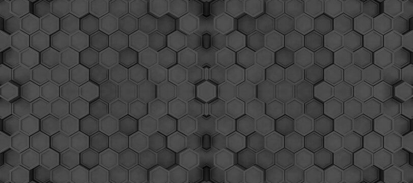 Dark hexagonal pattern featuring repetitive geometric shapes rendered in three dimensions for modern futuristic artistic background