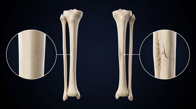 Comparison of healthy and fractured human lower leg bones with magnified views of bone structure and injury.