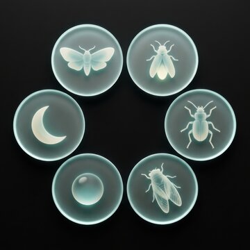 Luminous insect discs on a dark abstract science background