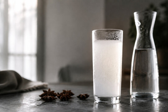 Glass of milky anise liquor with star anise and water carafe on dark stone, traditional liqueur tasting concept