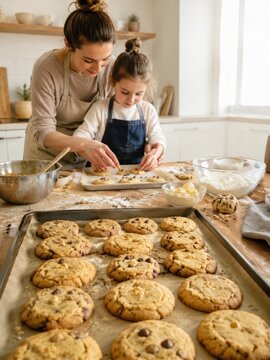 In the cozy warmth of the kitchen, a child eagerly assists in the delightful process of baking cookies, creating sweet memories together