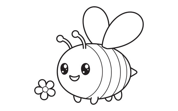 Cute bee coloring page black and white vector illustration featuring a happy insect with flower for kids