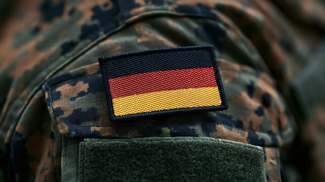 German flag patch sewn onto camouflage uniform shoulder, close up detail of fabric and insignia conveying military service, patriotism, duty and the bundeswehr presence