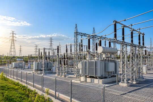 High Voltage Electrical Substation Power Grid Infrastructure Transmission Tower Transformer Distribution Equipment Electricity Energy Utility Engineering System Industrial Outdoor Technology Network 