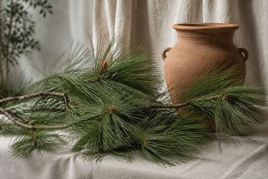 Longleaf pine branches with terracotta urn on linen cloth, natural decor concept