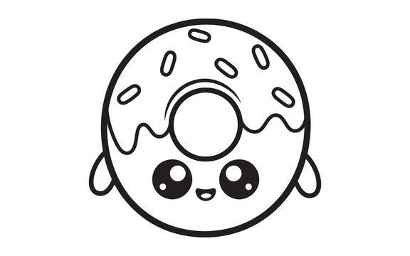 Cute kawaii donut outline vector illustration with glaze sprinkles and happy face for kids coloring page