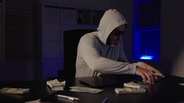 Man housebreaker hiding from police. Police lights. Criminal man do thief crime. Crime theft. Burglar man stealing money and laptop. Robbery crime at night. Criminal man gun. Thief hacker