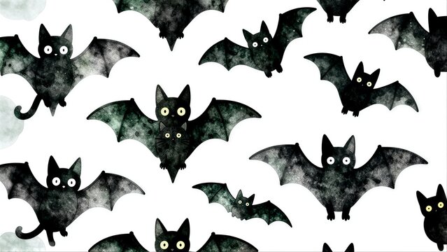Cute black cats with bat wings, whimsical Halloween pattern on white background.
