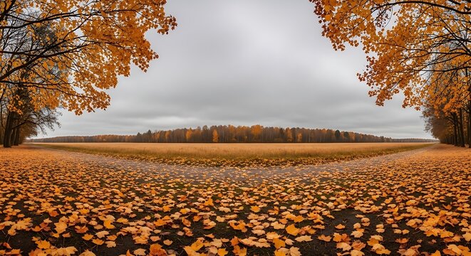 Panoramic view of a golden autumn field framed by colorful maple trees under cloudy skies with field forest horizon