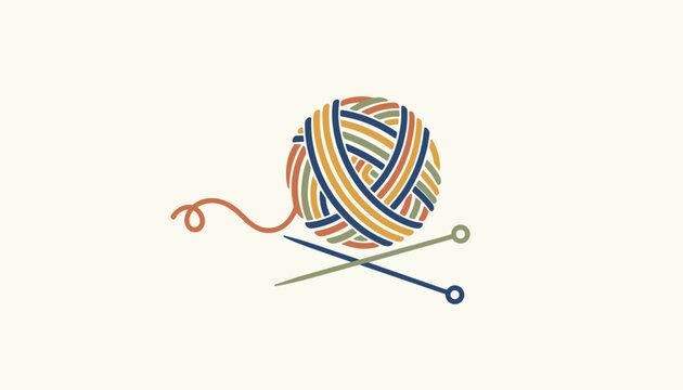 Colorful yarn ball made of multiple striped threads with crossing wooden knitting needles below it on ivory backdrop.