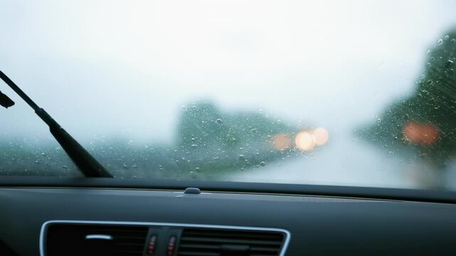 Windshield wipers clearing rain with blurred oncoming headlights