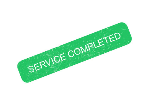 Green service completed badge with white text