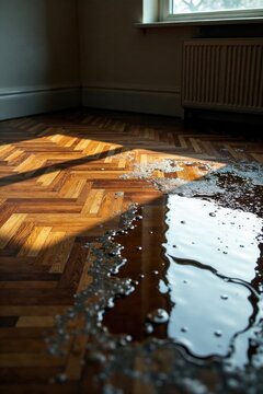 Sunlit Hardwood Floor with Water Damage and Sediment