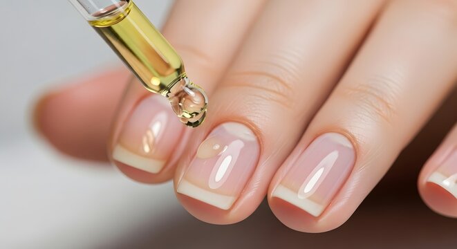 Close-up of a person applying nourishing oil to their fingernails with a dropper for healthy cuticles and a personal nail care routine.