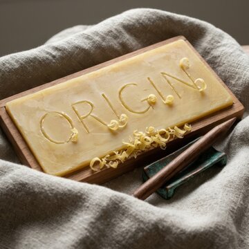 Artisanal soap bar with carved origin lettering