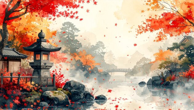 舞い散る紅葉と古い日本庭園を描いた秋の和風筆絵背景