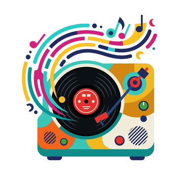 Colorful vintage turntable with spinning vinyl record and animated sound waves playing retro music