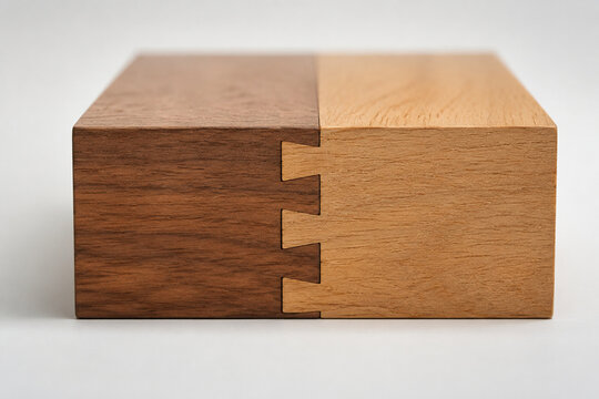 Two interlocking wooden dovetail joints forming a seamless rectangle, minimalist.