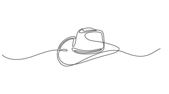 Animated self drawing One line art cowboy hat - Minimalist continuous line drawing of western style hat vector illustration, Self drawing line animation Cowboy Hat continuous one single line drawn con