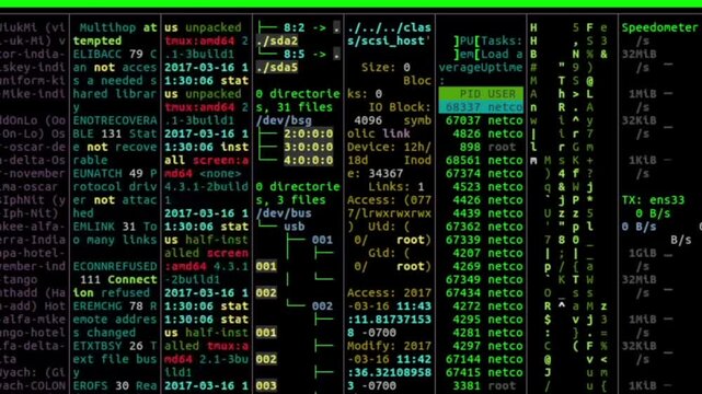 Neon multi-column terminal dashboard showing highlighted process list, system log readout, directory tree, and resource meters on dark command interface screen view