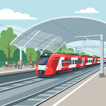 Modern red and white high-speed passenger train arriving at a sunny railway station platform with a curved metal canopy roof, commuters waiting, and green trees in the background.