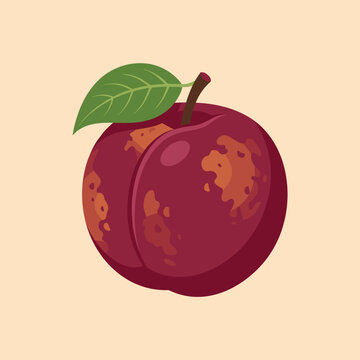 Flat vector illustration of a ripe pluot stone fruit with deep red mottled skin and orange spots, including a single green leaf and brown stem, isolated on a light beige background.