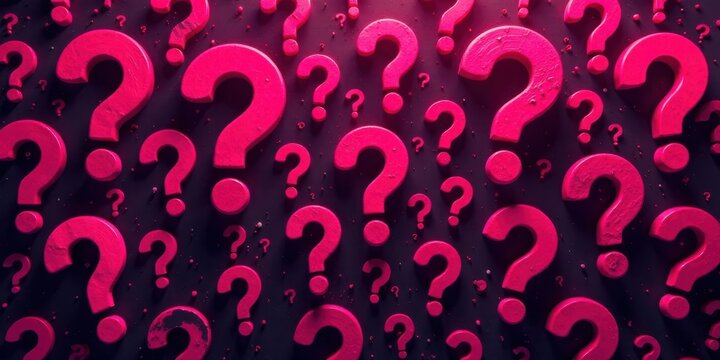 A multitude of vibrant pink question marks scattered across a dark surface, symbolizing uncertainty and the pursuit of answers.