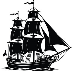 Black sailing ship illustration with multiple sails and detailed rigging for pirate, nautical, adventure, and maritime themes © Afsana