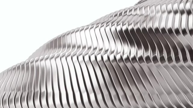 Minimal Silver Metallic Wave Seamless Loop Video, Abstract Architectural Slat Mesh Motion Graphics, Clean White Background 3D Render &ndash; Smooth flowing movement of a sleek chrome slatted structure