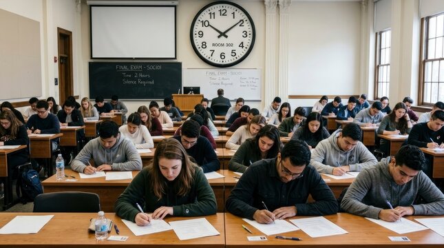 Group of multiethnic university students focused on writing their final sociology exam in a large classroom with a clock and blackboard.