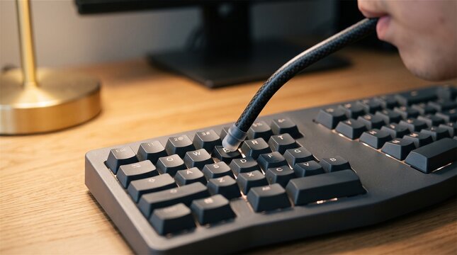 Carbon fiber mouth stick pressing 'E' key on keyboard