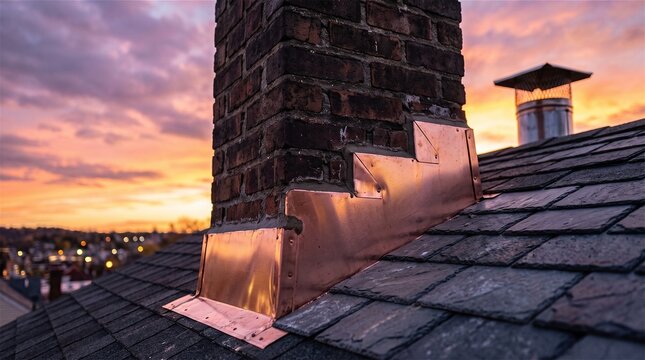Brick chimney with copper flashing on a roof at sunset