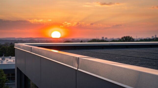 Modern rooftop edge with city skyline at sunset