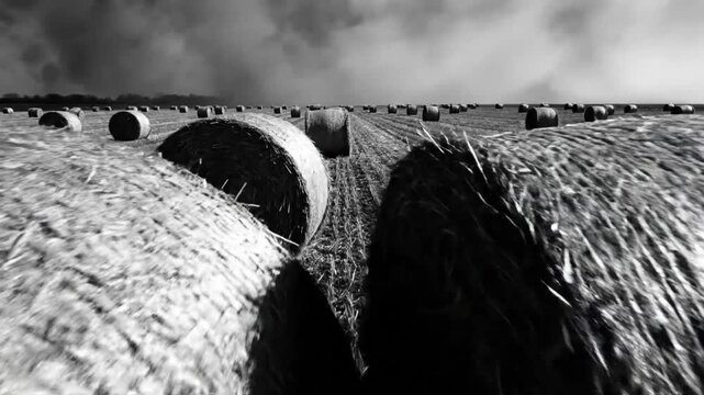 Low angle shot revealing the striking contrast of hay bales in a rural black and white landscape.