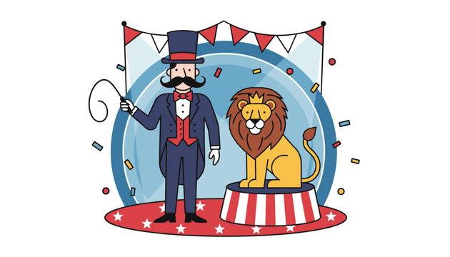 Circus ringmaster in a top hat and coat holding a whip next to a lion sitting on a pedestal with carnival backdrop.