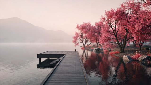 A serene wooden pier extending into a misty lake surrounded by vibrant pink cherry blossom trees at dawn. Peaceful nature landscape for tranquil backgrounds.